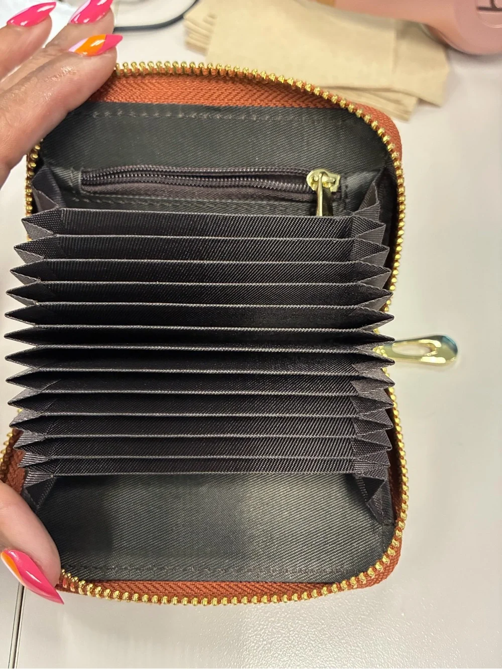 RFID Leather Zip Key Case with Gold Bee Accent - Brown